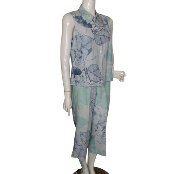 TOMMY BAHAMA Outfit/Set, 12/L, Silk/Linen, Sleeveless Top/Capri Pants, Blue, 2pc - Picture 2 of 13